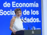 La vicepresidenta segunda y ministra de Trabajo, Yolanda Díaz, en el acto de presentación del Proyecto Estratégico para la Recuperación y Transformación Económica (PERTE) de Economía Social y de los Cuidados.
