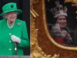 Combo de imágenes de la reina Isabel II de Inglaterra durante el cierre del Jubileo de Platino, y convertida en holograma durante un paseo en carroza.