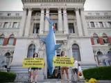 Activistas de Greenpeace portan pancartas por el Día de los Océanos tras colgar un tiburón de 5 metros en la puerta del Ministerio de Pesca.