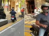 Un motorista invade el carril bici y, mientras intenta justificarse, otro casi atropella a una niña
