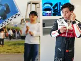 Guanyu Zhou, de pequeño con una bandera de Fernando Alonso y con el equipo Alfa Romeo