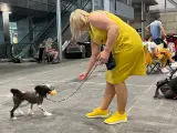 Una participante en el World Dog Show Madrid jugando con su perro antes de competir.
