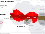 Mapa del Sahel y los países de la región afectados por el terrorismo.
