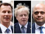 Los exministros de Sanidad del Reino Unido Jeremy Hunt (izquierda) y Sajid Javid (derecha), candidatos a sustituir al primer ministro británico Boris Johnson (centro).
