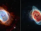 Compare las vistas de la nebulosa del Anillo Sur y su par de estrellas con los instrumentos NIRCam (L) y MIRI (R) de Webb. La estrella moribunda, más tenue, está expulsando gas y polvo a través del cual Webb ve con un detalle sin precedentes: