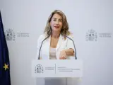 La ministra de Transportes, Movilidad y Agenda Urbana, Raquel Sánchez, durante una rueda de prensa en la sede ministerial, a 14 de julio de 2022, en Madrid (España).