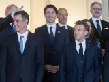 El presidente del Gobierno, Pedro Sánchez, el primer ministro de Canadá, Justin Trudeau, y el presidente de Francia, Emmanuel Macron, en una imagen de archivo.