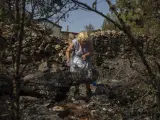 Una mujer echa agua en una zona vegetal afectada por el incendio de Losacio (Zamora)