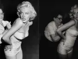 Una de las primeras imágenes que se divulgaron de 'Blonde' era esta recreación exacta de una fotografía de Marilyn Monroe pasando por el martirio de ajustarse un corsé.