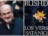 El escritor Salman Rushdie y la cubierta de su libro 'Los versos satánicos'.