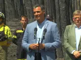 El presidente del Gobierno, Pedro Sánchez, junto al presidente valenciano, Ximo Puig, comparece en la zona afectada por el incendio forestal de Bejís, en Castellón, el 22 de agosto de 2022.