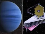A la izquierda de la imagen, el exoplaneta WASP-39b.