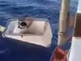 Hombre dentro del congelador flotando en el mar.