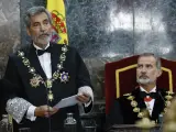 El presidente del Tribunal Supremo, Carlos Lesmes, ante el rey Felipe, en el acto de apertura del Año Judicial 2022/2023.