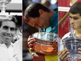 Tres de los tenistas españoles más importantes de la historia: Santana, Nadal y Alcaraz.