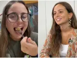 Núria Jordá, la 'influencer' con disgafia, comiendo tortilla de patatas.