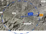 Localización del centro del cráter y radio de 20 kilómetros de la zona afectada por el impacto en la cuenca Alhabia-Tabernas