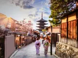 Kyoto - Japan - April 9, 2017:Yasaka Pagoda and Sannen Zaka Street, Kyoto, Japan. Tourists wander down the narrow streets of the Higashiyama District neighbourhood in Kyoto, Japan