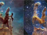 Los Pilares de la Creación capturados por el Hubble a la izquierda y por el Webb a la derecha.