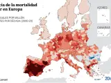 Tendencias en la incidencia de mortalidad relacionada con el calor (muerte anual por millón por década) en Europa para la población general (de 2000 a 2020).