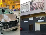 A la izquierda, imagen del estado en el que ha quedado el coche que ha provocado un atropello mortal en el exterior de un restaurante (derecha) de Torrejón de Ardoz que celebraba una boda gitana.