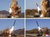 Imágenes sin datar publicadas el 7 de noviembre de 2022 por la Agencia Central de Noticias de Corea del Norte (KCNA) que muestra al ejército de Corea del Norte disparando misiles en lugares no revelados.