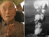 Imagen de Shigeru Nakamura (i) y de la explosión de la bomba atómica sobre Hiroshima (d).