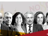 De izda. a dcha., Antonio Muñoz (PSOE); José Luis Sanz (PP); Sandra Heredia (Adelante Andalucía); Miguel Á. Aumesquet (Cs); Susana Hornillo (Podemos Sevilla); e Ismael Sánchez (IU).