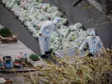 Trabajadores sanitarios voluntarios preparan bolsas con verduras para residentes confinados en Beijing, China, el 28 de noviembre de 2022.