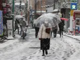 Una mujer camina por una calle nevada de Tokio, en Japón, el 25 de diciembre de 2022.