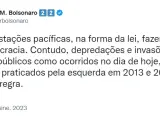 Bolsonaro reacciona en Twitter al asalto en Brasil.