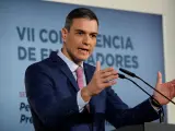 El presidente del Gobierno, Pedro Sánchez, este lunes en la apertura de la VII Conferencia de Embajadores.