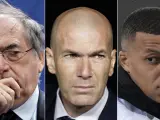 El presidente de la Federación Francesa de Fútbol, Noël Le Graët; el exentrenador del Real Madrid, Zinedine Zidane; y el jugador del PSG, Kylian Mbappé.
