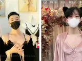 Modelos masculinos luciendo ropa interior femenina en China.