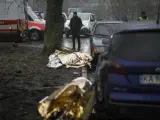 Un hombre observa los cuerpos cubiertos con mantas térmicas de dos de los fallecidos, en el accidente de helicóptero en el que ha muerto el ministro de Interior ucraniano.