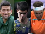 Novak Djokovic, Carlos Alcaraz y Rafa Nadal, en imágenes de archivo.