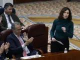 La presidenta de la Comunidad de Madrid, Isabel Díaz Ayuso, este jueves interviniendo en la Asamblea de Madrid.