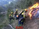 Los Bombers trabajando en el incendio forestal que se ha declarado este domingo en Tortosa (Tarragona).