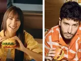 Aitana y Sebastián Yatra promocionando sus hamburguesas.