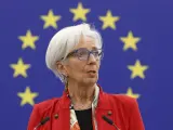 La presidenta del BCE, Christine Lagarde, durante su comparecencia en la Eurocámara este miércoles.