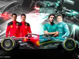 Los nuevos monoplazas de Ferrari y Aston Martin que pilotarán Sainz, Leclerc, Alonso y Stroll.