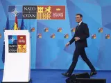 El presidente del Gobierno de España, Pedro Sánchez, a su llegada a una rueda de prensa en la segunda y última jornada de la Cumbre de la OTAN 2022 en IFEMA. Imagen de archivo.