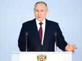 Putin durante el discurso anual del Estado de la Nación de 2023 en Moscú.