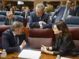 La presidenta de la Comunidad de Madrid, Isabel Díaz Ayuso, este jueves en la Asamblea de Madrid hablando con el vicepresidente Enrique Ossorio y el consejero Enrique López.
