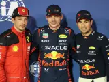 El 'podio' para la carrera del domingo: Verstappen, Pérez y Leclerc.