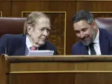 El candidato a la moción de censura, Ramón Tamames, y el líder de Vox, Santiago Abascal.