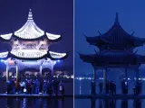 Dos fotos comparando el pabellón Jixian, en la ciudad china de Hangzhou, antes y después de la hora del planeta.