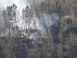Varios bomberos trabajan en la extinción de uno de los focos del incendio forestal que afecta a las provincias de Castellón y Teruel, este domingo cerca de la aldea de Los Peirós, en Teruel.