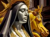 La Inteligencia Artificial retrata a la Virgen de la Macarena con una corona dorada y detalles de su vestimenta tambi&eacute;n dorados. El resto de su cuerpo aparece en blanco y negro. Detr&aacute;s, se ve un caballo amarillo y se intuye que est&aacute; en la calle.
