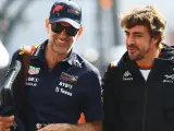 Adrian Newey y Fernando Alonso conversan antes del inicio de un Gran Premio.
